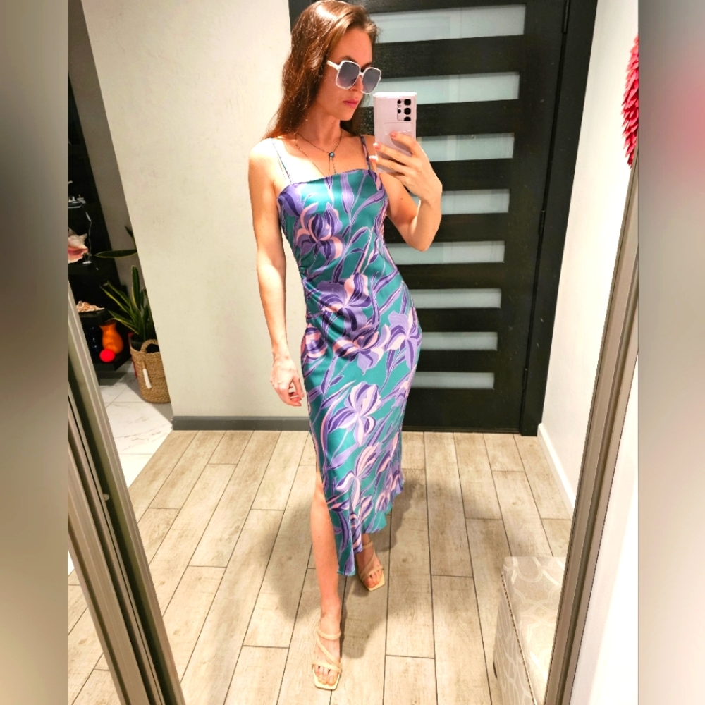 House of Harlow 1960 Ruched Side Satin Slip Midi Dress Floral S NWT$189